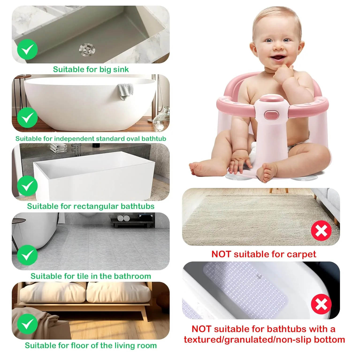 Baby Bath Seat for Babies 6 Months & up, Sure & Secure Suction Cups, Non-Slip Baby Bath Seat, Detachable, Safe & Comfortable Baby Bath Support, Baby Bath for Bathtub/Living Room/Shower Room (Pink)