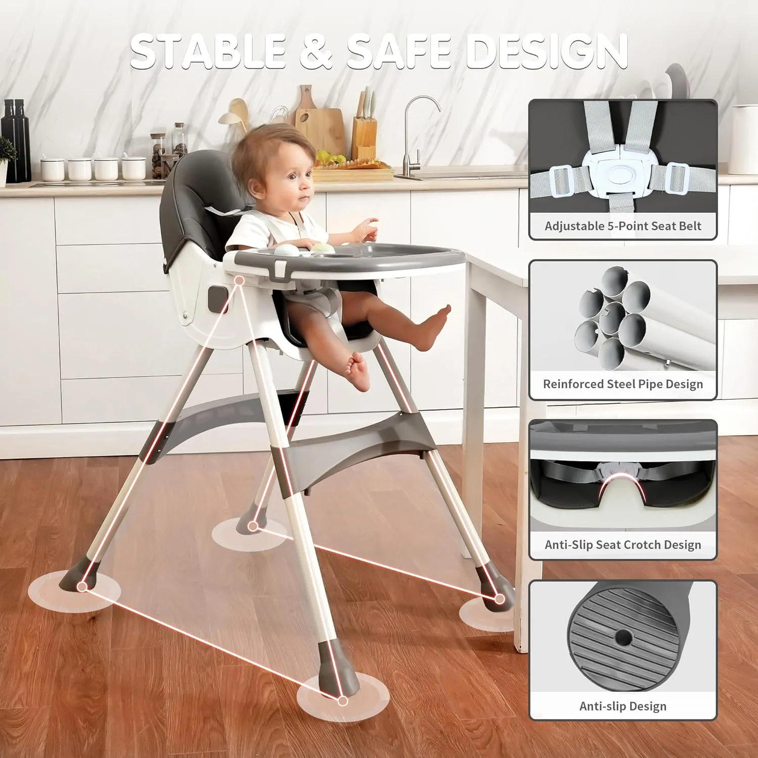 Baby High Chair, 6 in 1 Convertible High Chairs for Babies and Toddlers with 5-Point Safety Harness,Foldable High Chair for Space-Saving, Adjustable Dining Tray,Backrest & Height,Easy to Clean Surface