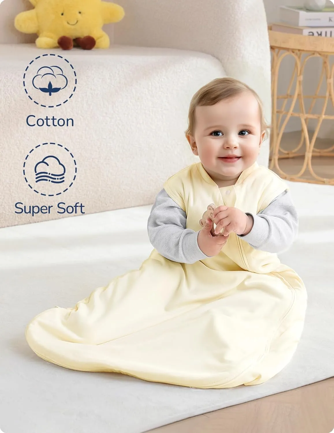 Baby Sleep Sack, 1.0 Tog Supersoft Thermostatic Cotton Toddler Sleeping Sack for Babies Infant, 2-Way Zipper Baby Wearable Blanket for All Season