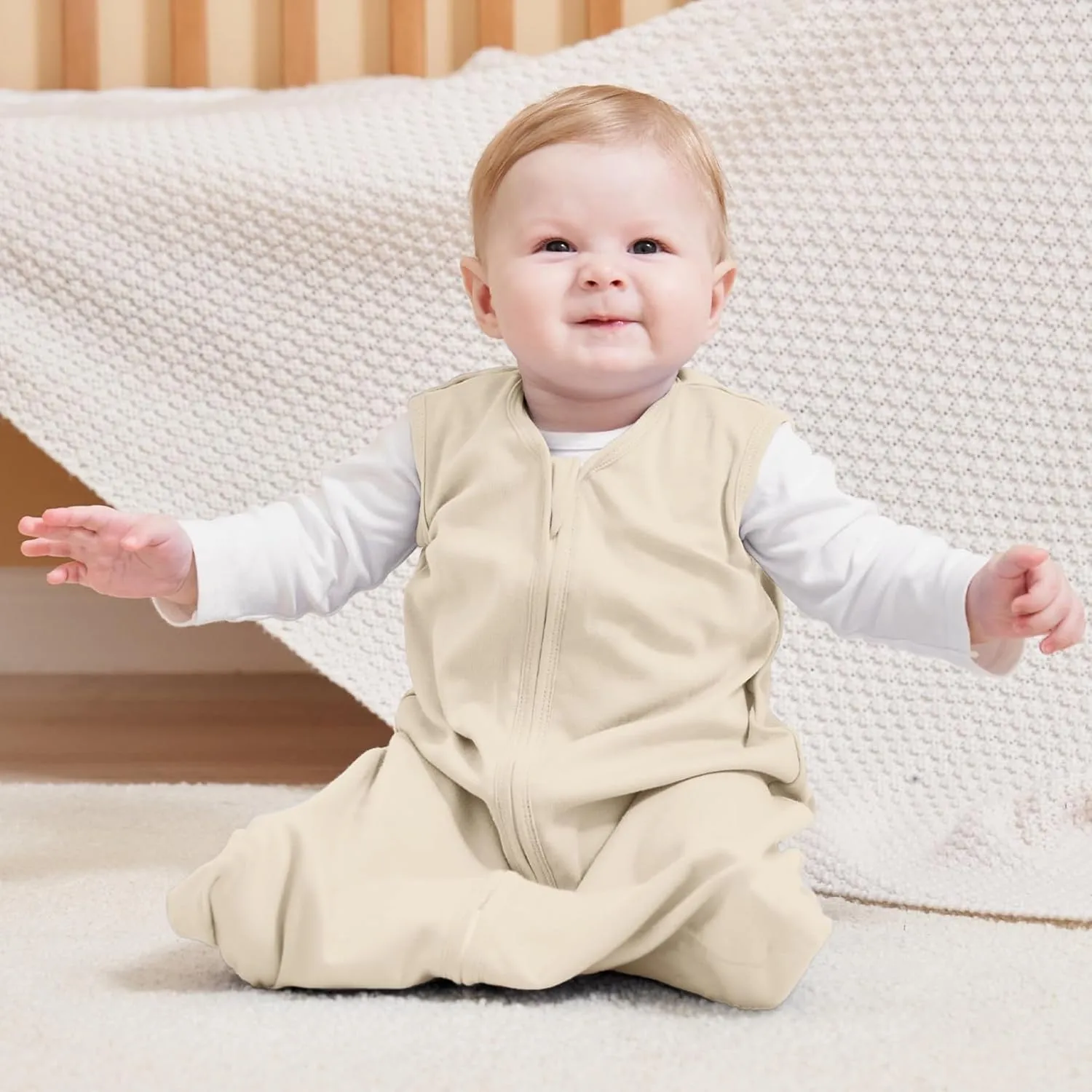 Baby Sleep Sack 6-12 Months, 100% Cotton Sleeping Sack for Newborn and Infant, 3 Pack Baby Wearable Blanket, 0.5 Tog Lightweight Double Zipper Sleep Bag Apricot