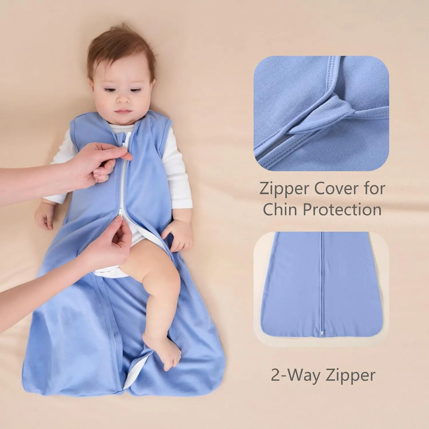 Baby Sleep Sack 6-12 Months, 100% Cotton Sleeping Sack for Newborn and Infant, 3 Pack Baby Wearable Blanket, 0.5 Tog Lightweight Double Zipper Sleep Bag Apricot