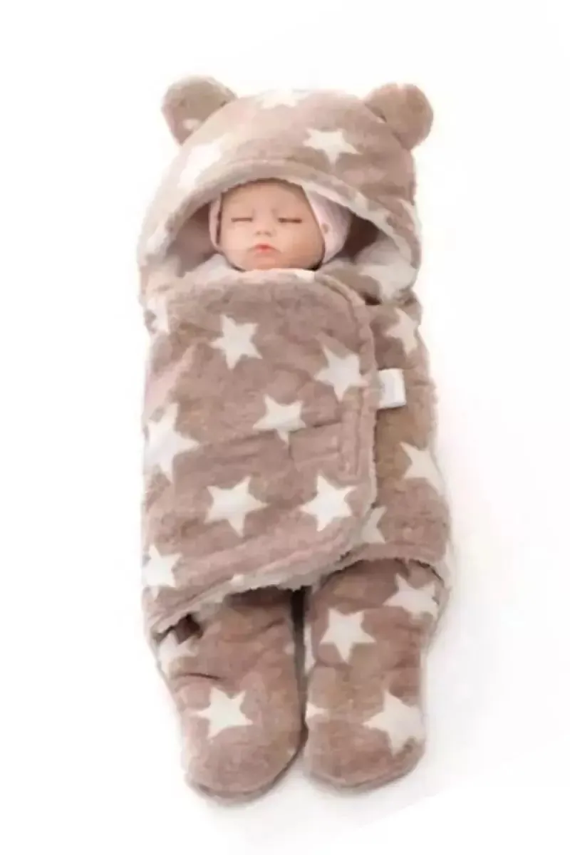 Baby Zone Coral Fleece Printed Hooded Baby Blanket (Biege)