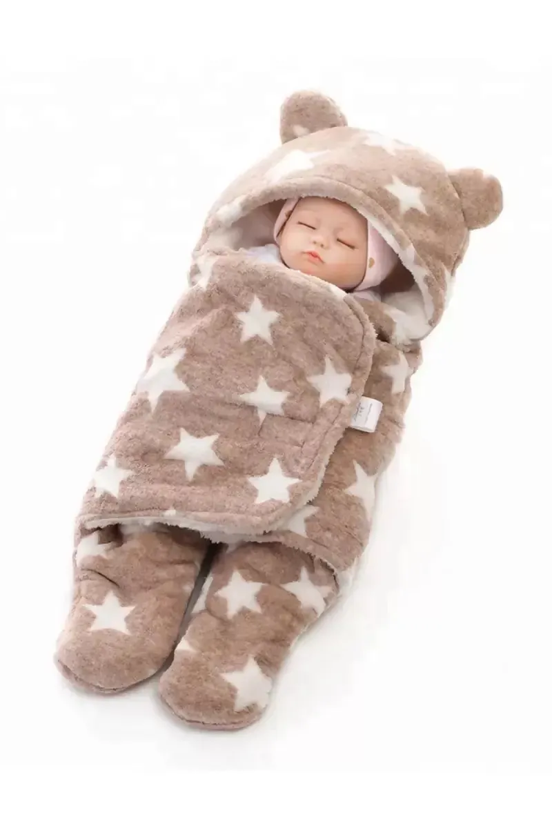 Baby Zone Coral Fleece Printed Hooded Baby Blanket (Biege)