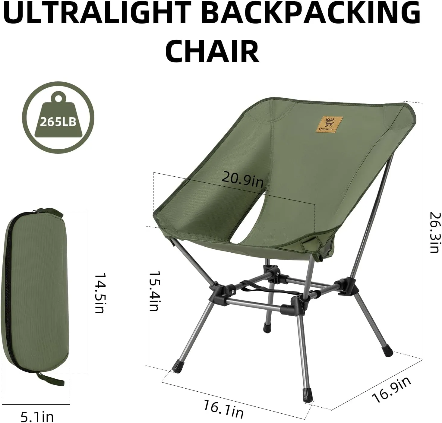 Backpacking Chair Portable Folding Camp Chair Compact Foldable Chairs Ultra Lightweight Travel Chair with Storage Bag - Supports 260 lbs - for Camping, Hiking, Travel, Beach and Picnic Green