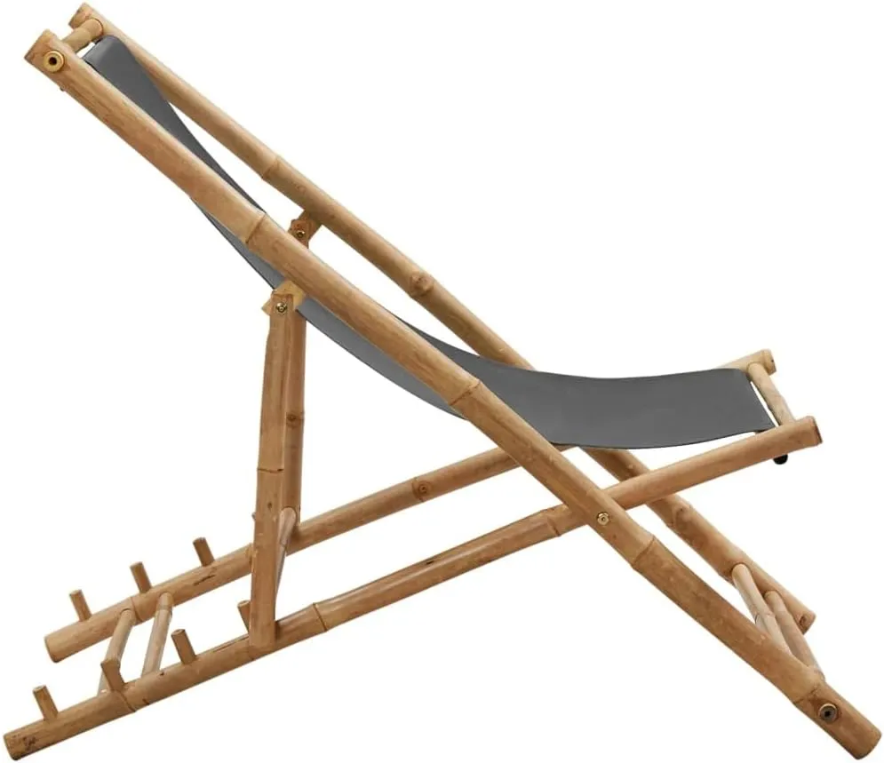 Bamboo Deck Chair with Adjustable 4-Position Recline Dark Gray Foldable Outdoor Patio Furniture for Beach Camping and Backyard