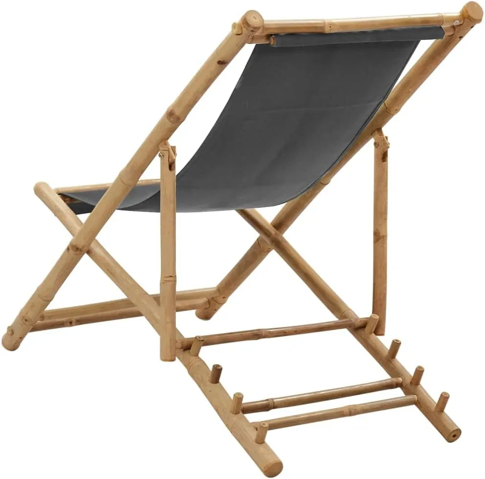 Bamboo Deck Chair with Adjustable 4-Position Recline Dark Gray Foldable Outdoor Patio Furniture for Beach Camping and Backyard