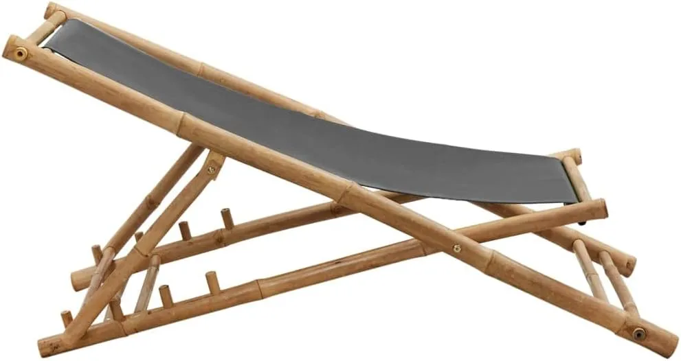 Bamboo Deck Chair with Adjustable 4-Position Recline Dark Gray Foldable Outdoor Patio Furniture for Beach Camping and Backyard