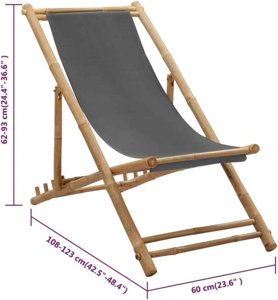 Bamboo Deck Chair with Adjustable 4-Position Recline Dark Gray Foldable Outdoor Patio Furniture for Beach Camping and Backyard