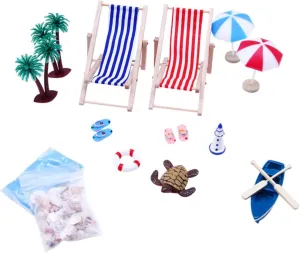 Beach Miniature Dollhouse Decoration Set with Umbrella Palm Chair Outdoor Accessories