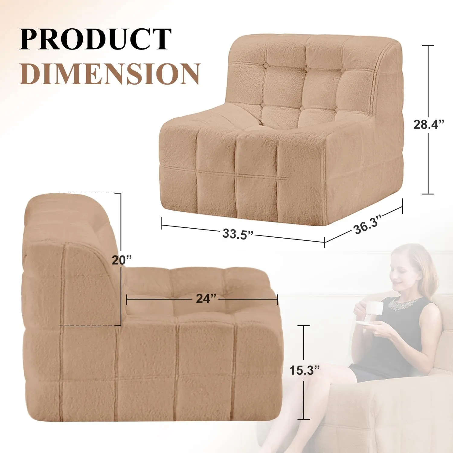 Bean Bag Chair Sofa Furry Beanbag Chair Couch for Adults Armless Bean Bag Lounge Soft Comfy Chair for Bedroom, Living Room or Balcony (Brown)