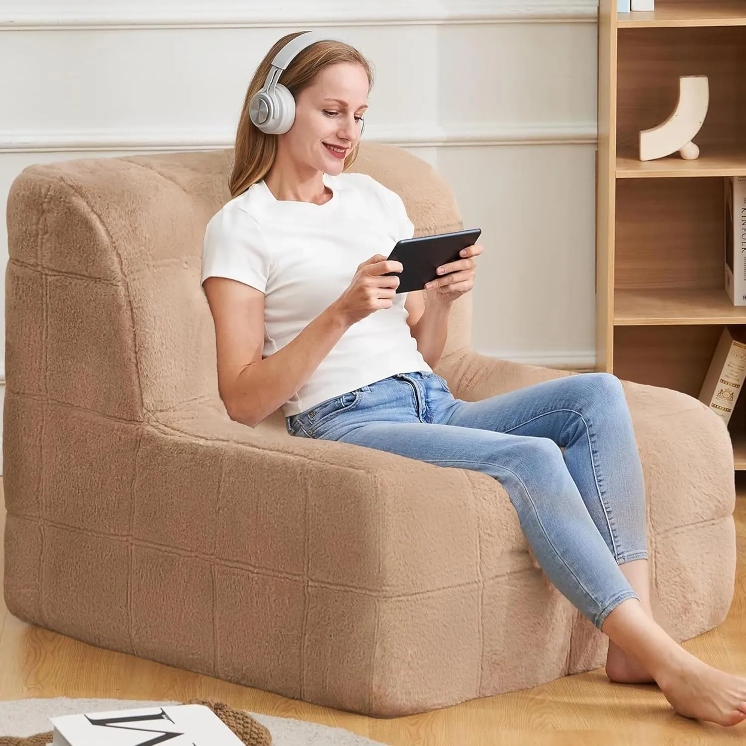 Bean Bag Chair Sofa Furry Beanbag Chair Couch for Adults Armless Bean Bag Lounge Soft Comfy Chair for Bedroom, Living Room or Balcony (Brown)