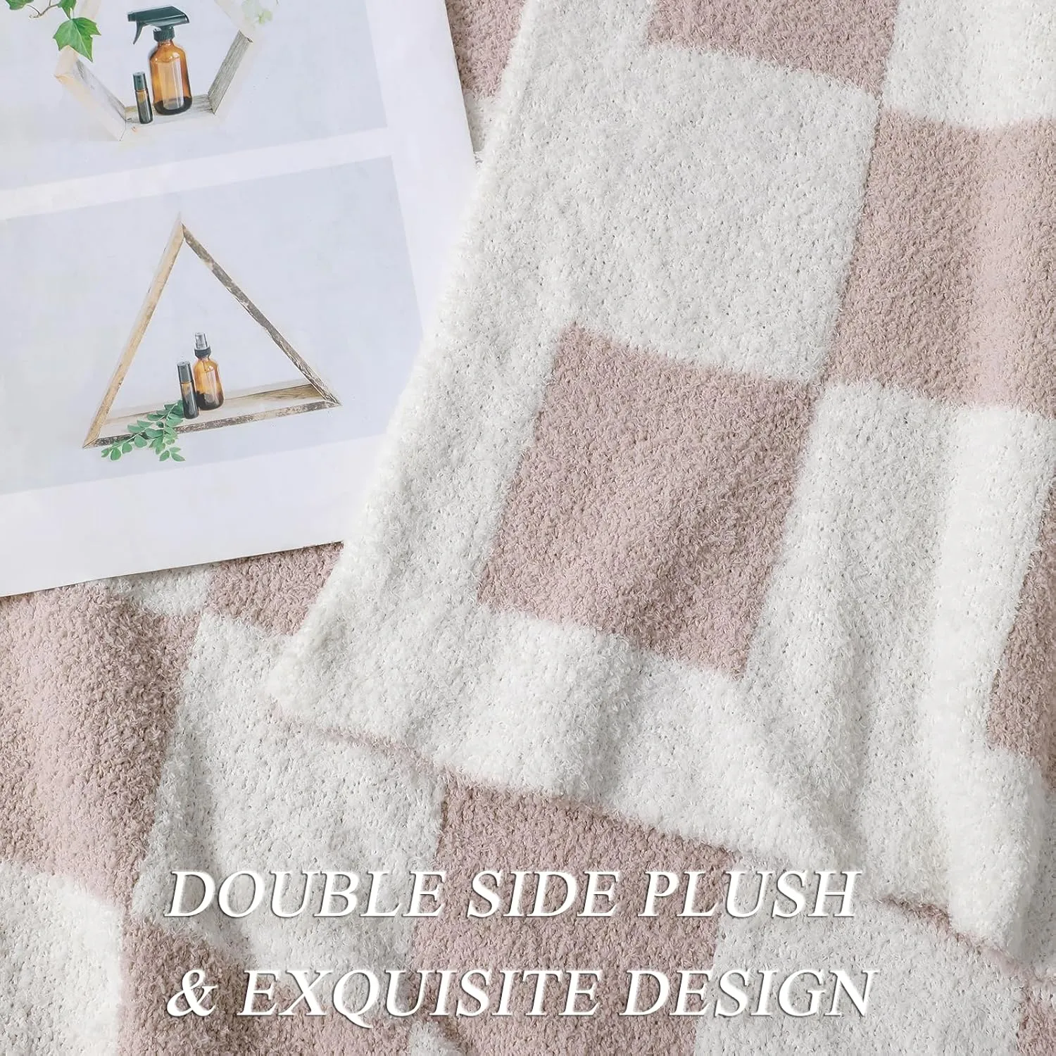 bearberry Fuzzy Checkerboard Grid Throw Blanket Soft Cozy Warm Microfiber All Season Blanket Decor for Couch Sofa Bed Travel Home (Cream, 50''x60'')