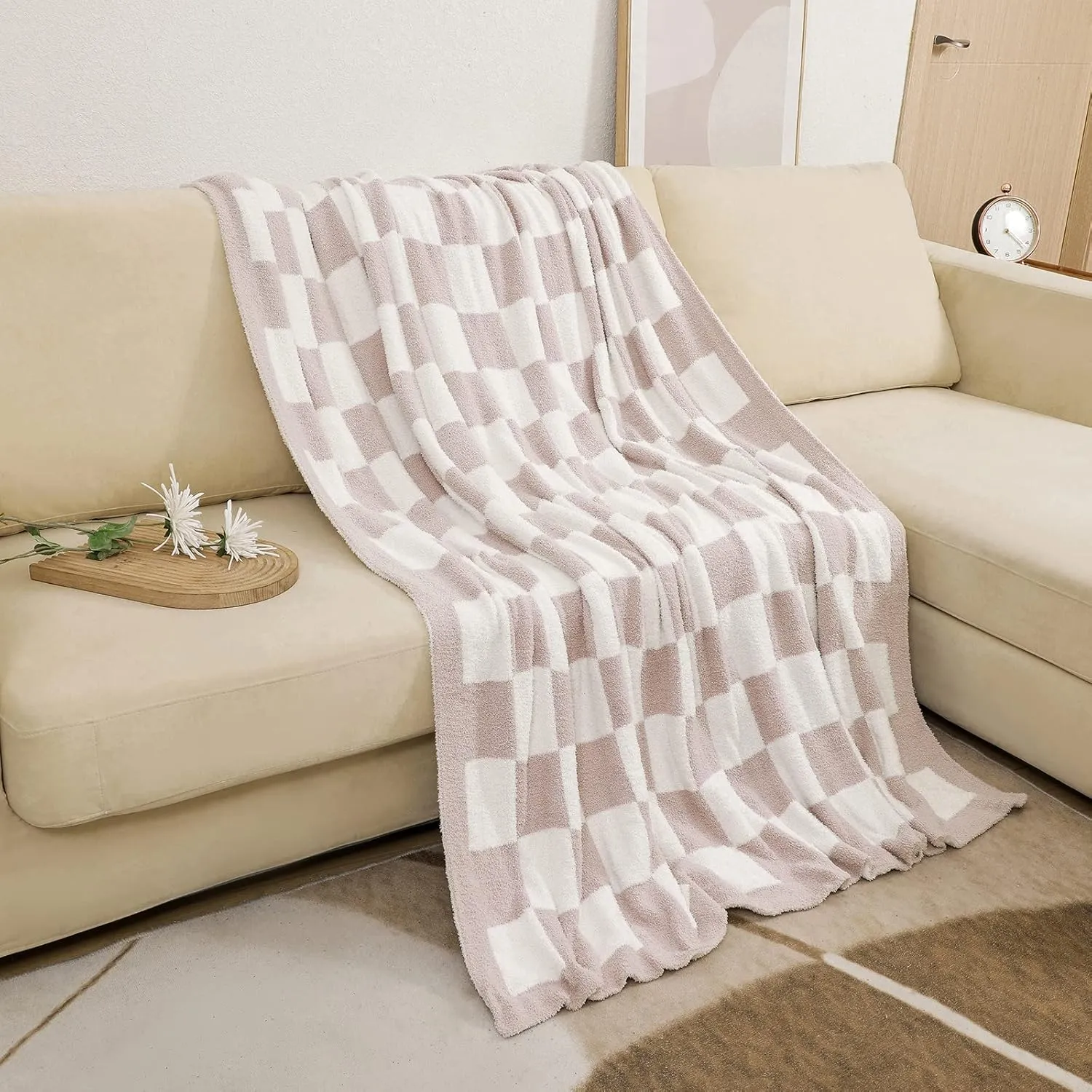 bearberry Fuzzy Checkerboard Grid Throw Blanket Soft Cozy Warm Microfiber All Season Blanket Decor for Couch Sofa Bed Travel Home (Cream, 50''x60'')