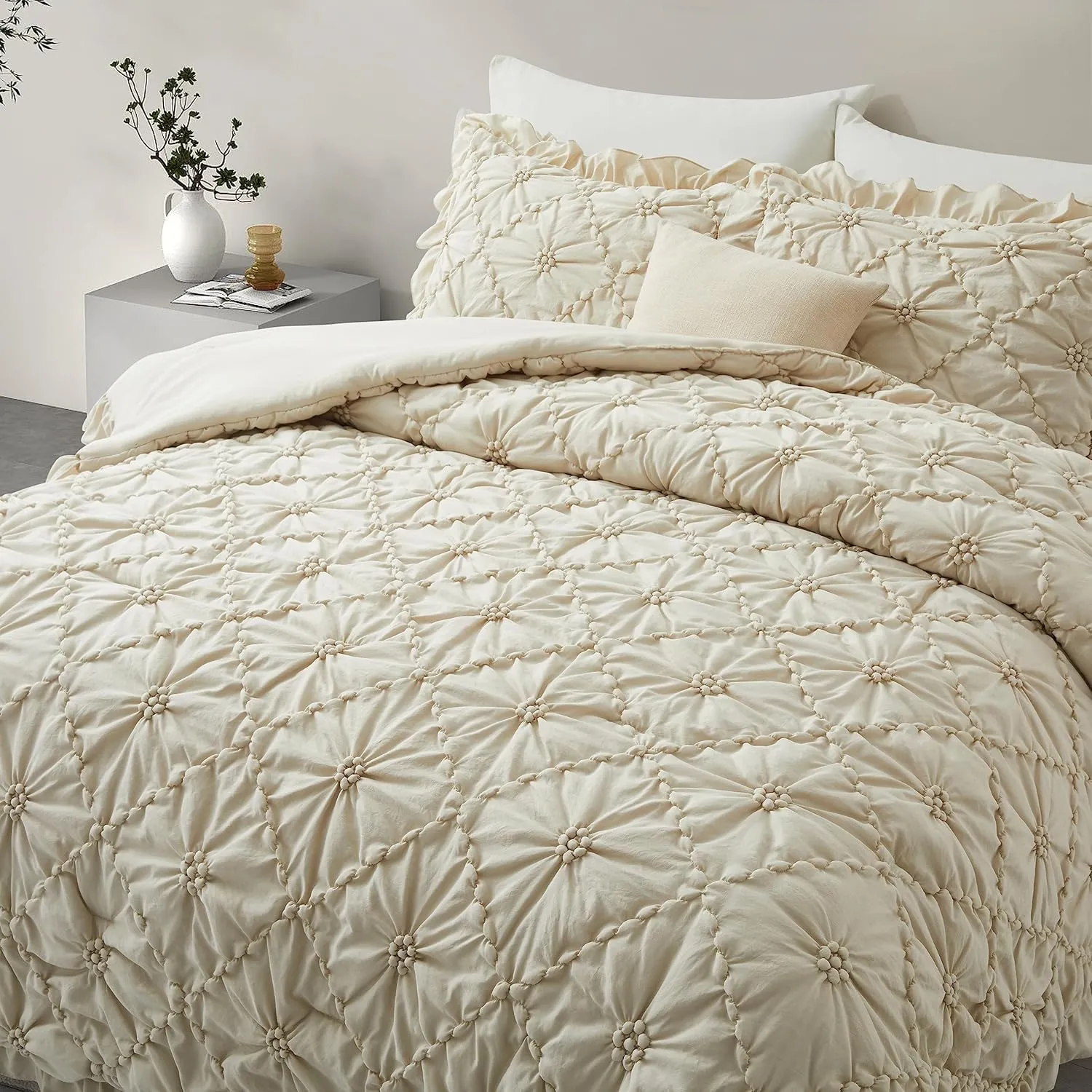 BEDAZZLED King Size Comforter Sets, Beige Bedding Comforter Set, 3 Pieces Pinch Pleat Bedding Sets with Comforter and Pillowcases Soft Farmhouse Shabby Chic Comforter for All Season