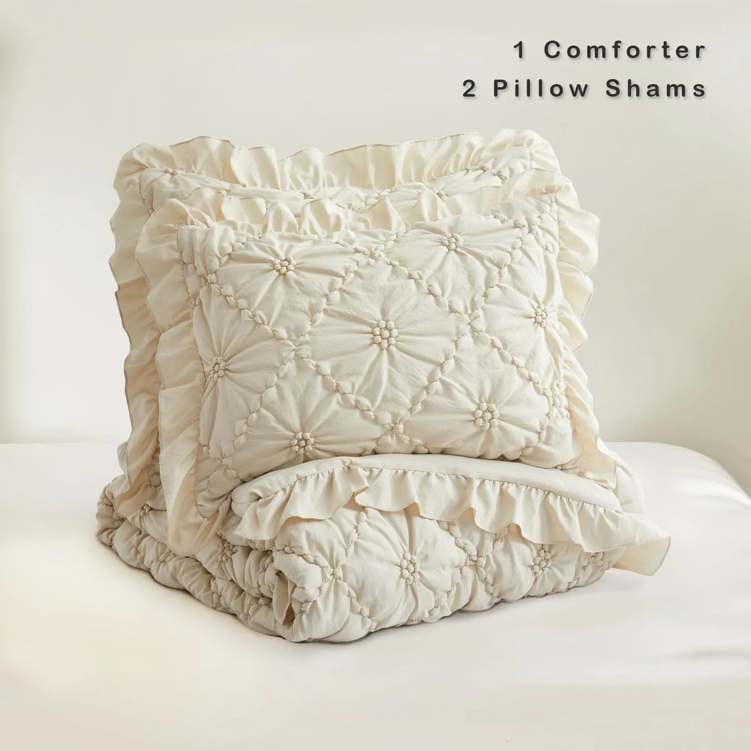 BEDAZZLED King Size Comforter Sets, Beige Bedding Comforter Set, 3 Pieces Pinch Pleat Bedding Sets with Comforter and Pillowcases Soft Farmhouse Shabby Chic Comforter for All Season