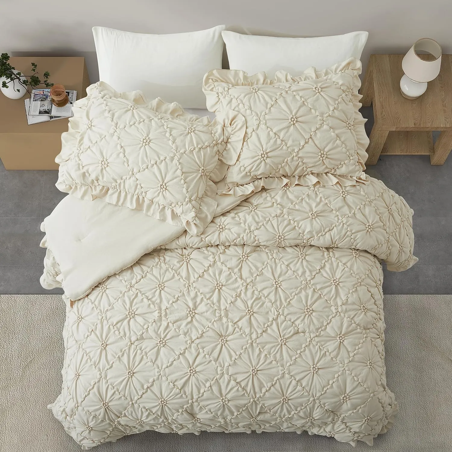 BEDAZZLED King Size Comforter Sets, Beige Bedding Comforter Set, 3 Pieces Pinch Pleat Bedding Sets with Comforter and Pillowcases Soft Farmhouse Shabby Chic Comforter for All Season