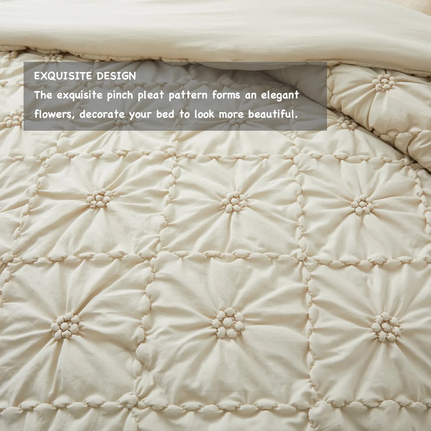 BEDAZZLED King Size Comforter Sets, Beige Bedding Comforter Set, 3 Pieces Pinch Pleat Bedding Sets with Comforter and Pillowcases Soft Farmhouse Shabby Chic Comforter for All Season