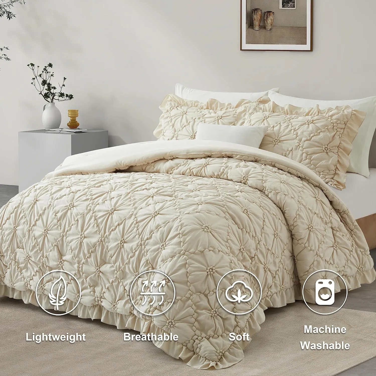 BEDAZZLED King Size Comforter Sets, Beige Bedding Comforter Set, 3 Pieces Pinch Pleat Bedding Sets with Comforter and Pillowcases Soft Farmhouse Shabby Chic Comforter for All Season