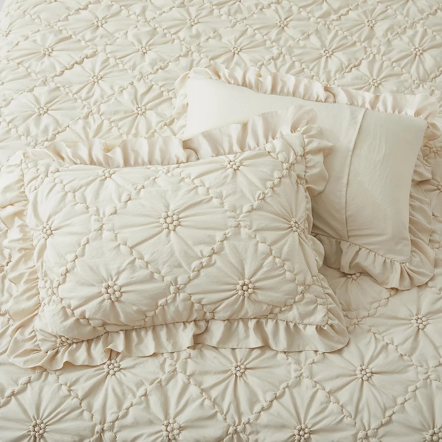 BEDAZZLED King Size Comforter Sets, Beige Bedding Comforter Set, 3 Pieces Pinch Pleat Bedding Sets with Comforter and Pillowcases Soft Farmhouse Shabby Chic Comforter for All Season