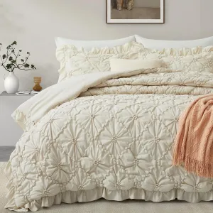 BEDAZZLED King Size Comforter Sets, Beige Bedding Comforter Set, 3 Pieces Pinch Pleat Bedding Sets with Comforter and Pillowcases Soft Farmhouse Shabby Chic Comforter for All Season