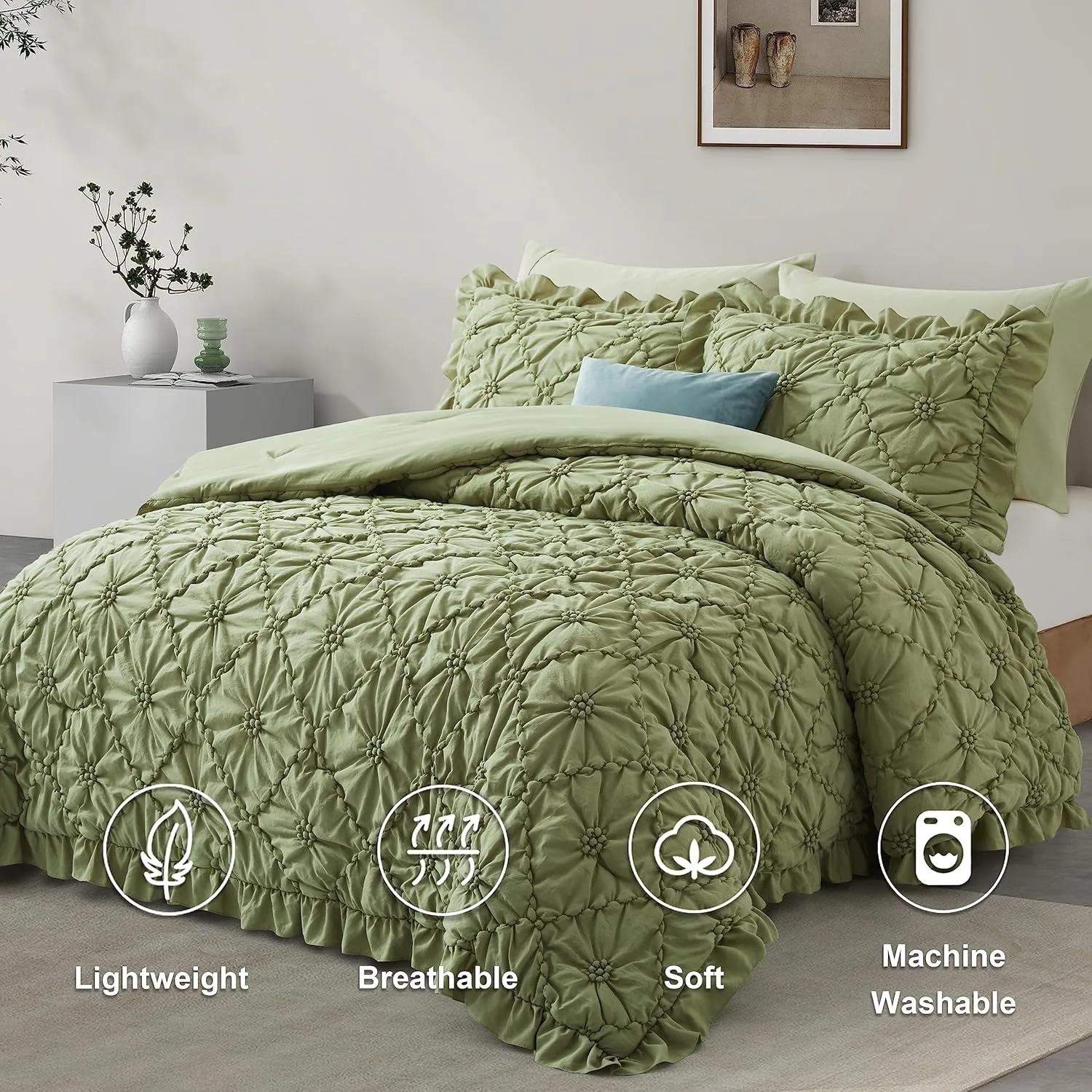 BEDAZZLED King Size Comforter Sets, Green Bedding Comforter Set, 3 Pieces Pinch Pleat Bedding Sets with Comforter and Pillowcases Soft Farmhouse Shabby Chic Comforter for All Season