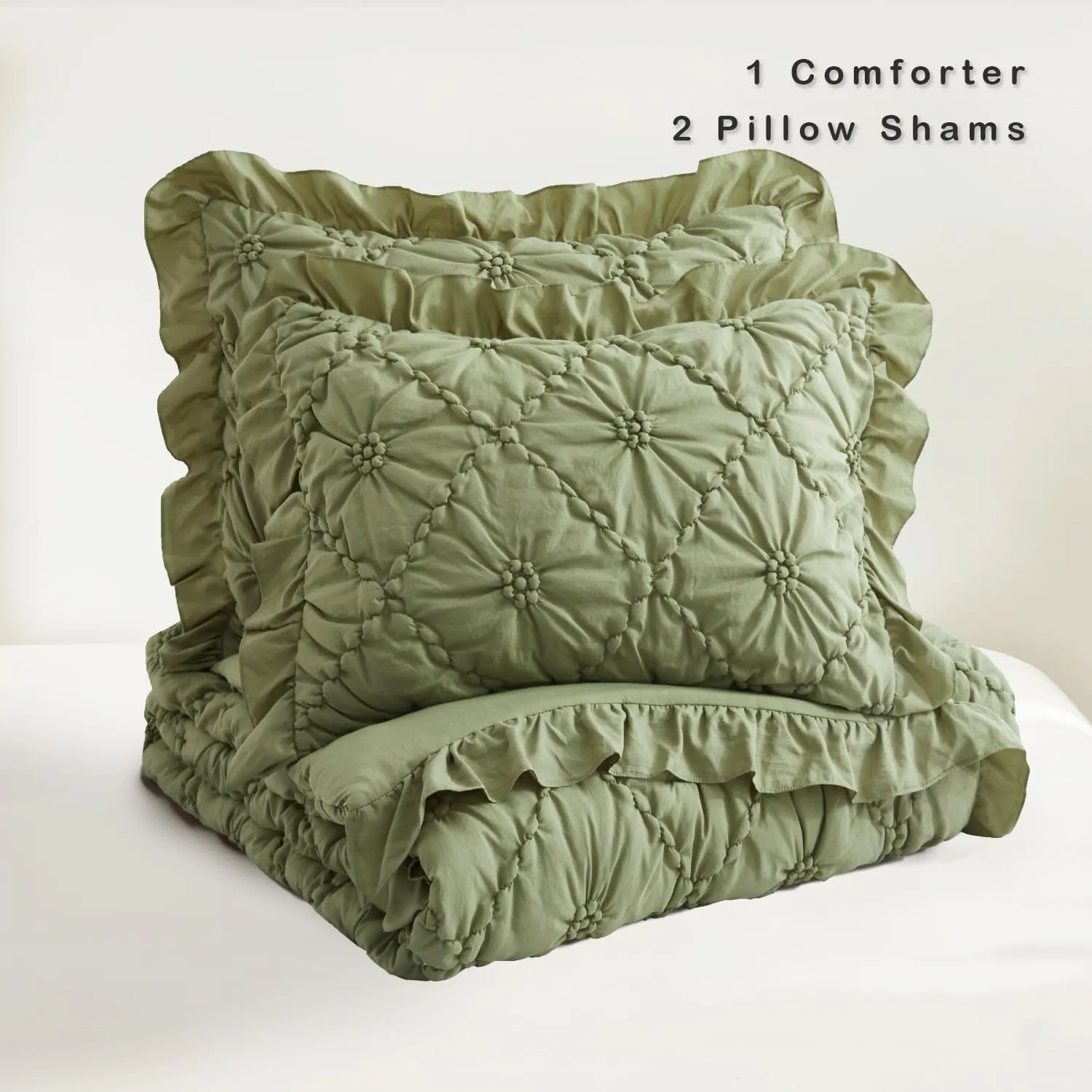 BEDAZZLED King Size Comforter Sets, Green Bedding Comforter Set, 3 Pieces Pinch Pleat Bedding Sets with Comforter and Pillowcases Soft Farmhouse Shabby Chic Comforter for All Season