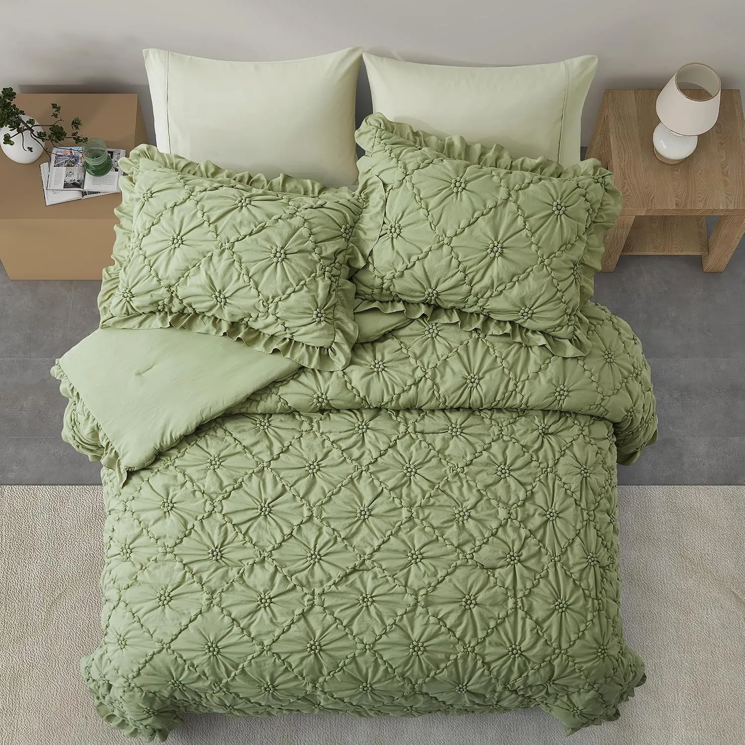 BEDAZZLED King Size Comforter Sets, Green Bedding Comforter Set, 3 Pieces Pinch Pleat Bedding Sets with Comforter and Pillowcases Soft Farmhouse Shabby Chic Comforter for All Season