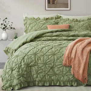BEDAZZLED King Size Comforter Sets, Green Bedding Comforter Set, 3 Pieces Pinch Pleat Bedding Sets with Comforter and Pillowcases Soft Farmhouse Shabby Chic Comforter for All Season