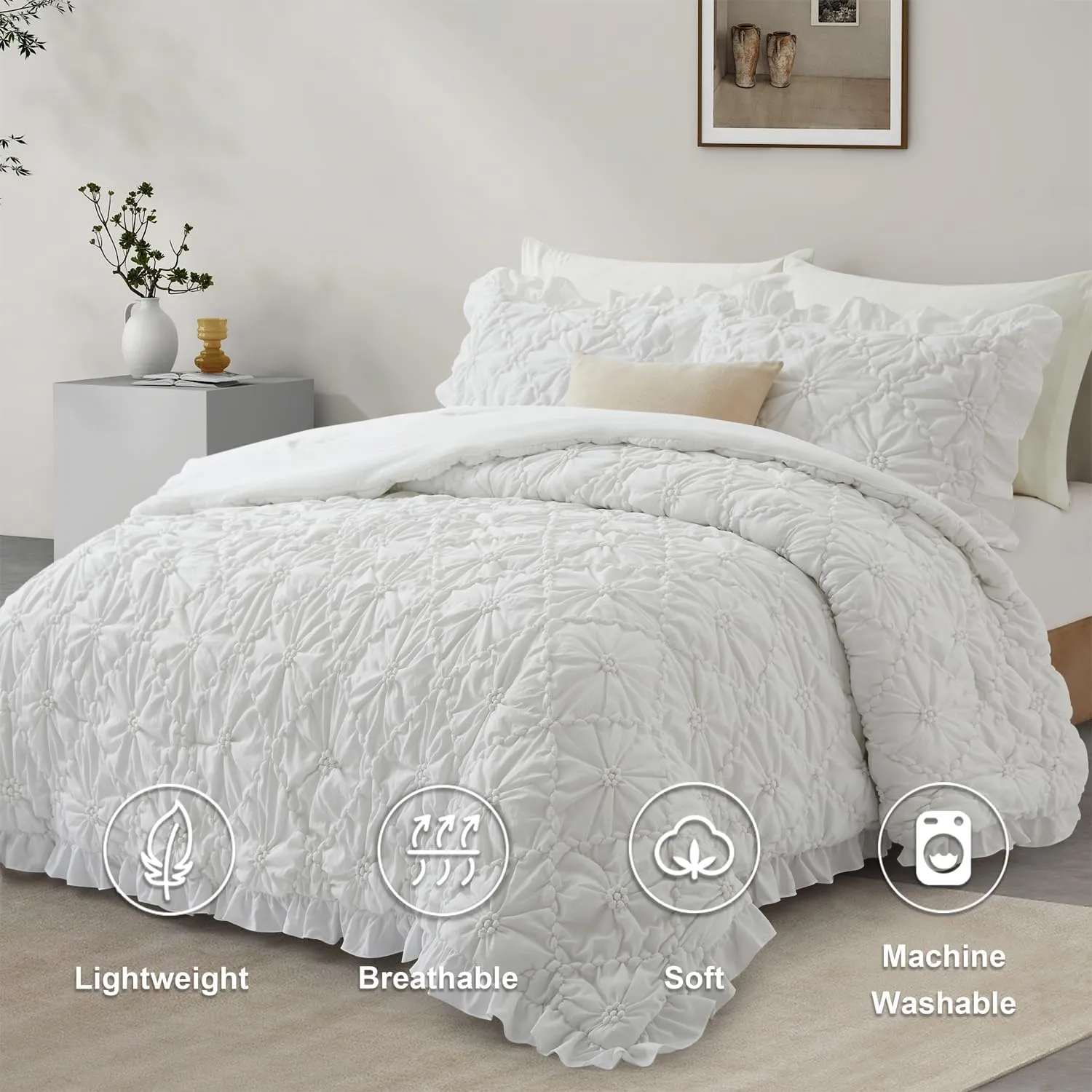 BEDAZZLED King Size Comforter Sets, White Bedding Comforter Set, 3 Pieces Pinch Pleat Bedding Sets with Comforter and Pillowcases Soft Farmhouse Shabby Chic Comforter for All Season