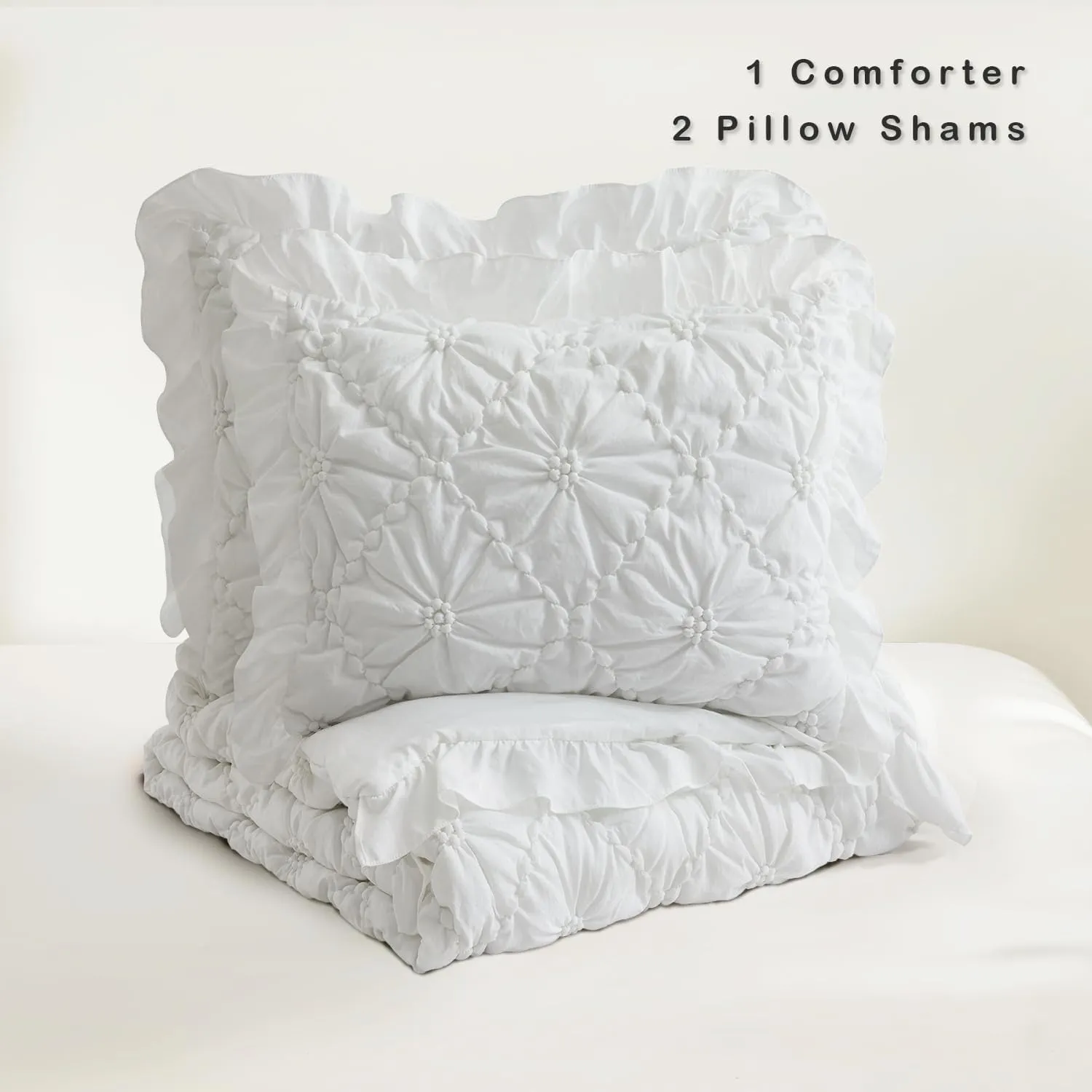 BEDAZZLED King Size Comforter Sets, White Bedding Comforter Set, 3 Pieces Pinch Pleat Bedding Sets with Comforter and Pillowcases Soft Farmhouse Shabby Chic Comforter for All Season