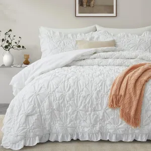 BEDAZZLED King Size Comforter Sets, White Bedding Comforter Set, 3 Pieces Pinch Pleat Bedding Sets with Comforter and Pillowcases Soft Farmhouse Shabby Chic Comforter for All Season