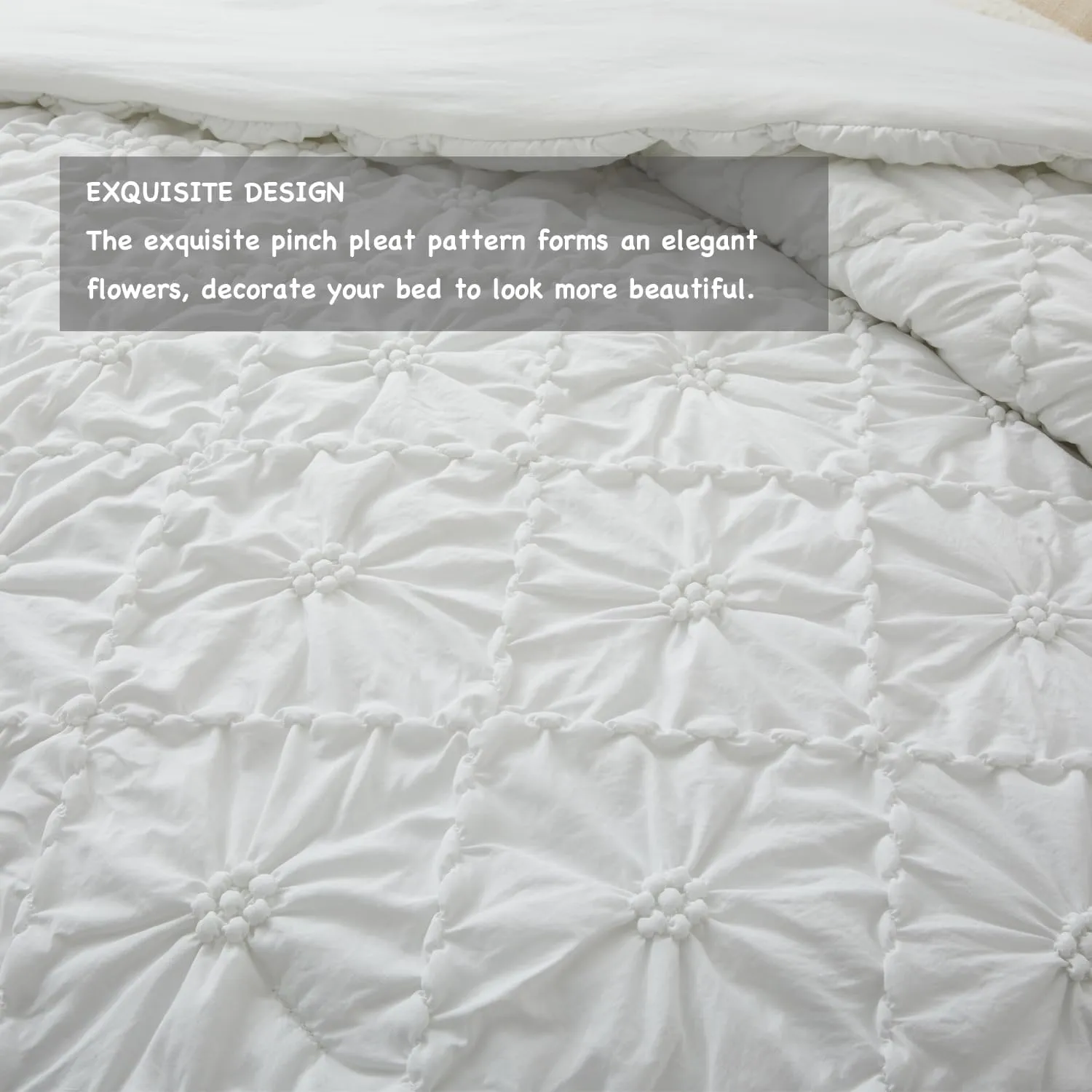 BEDAZZLED King Size Comforter Sets, White Bedding Comforter Set, 3 Pieces Pinch Pleat Bedding Sets with Comforter and Pillowcases Soft Farmhouse Shabby Chic Comforter for All Season