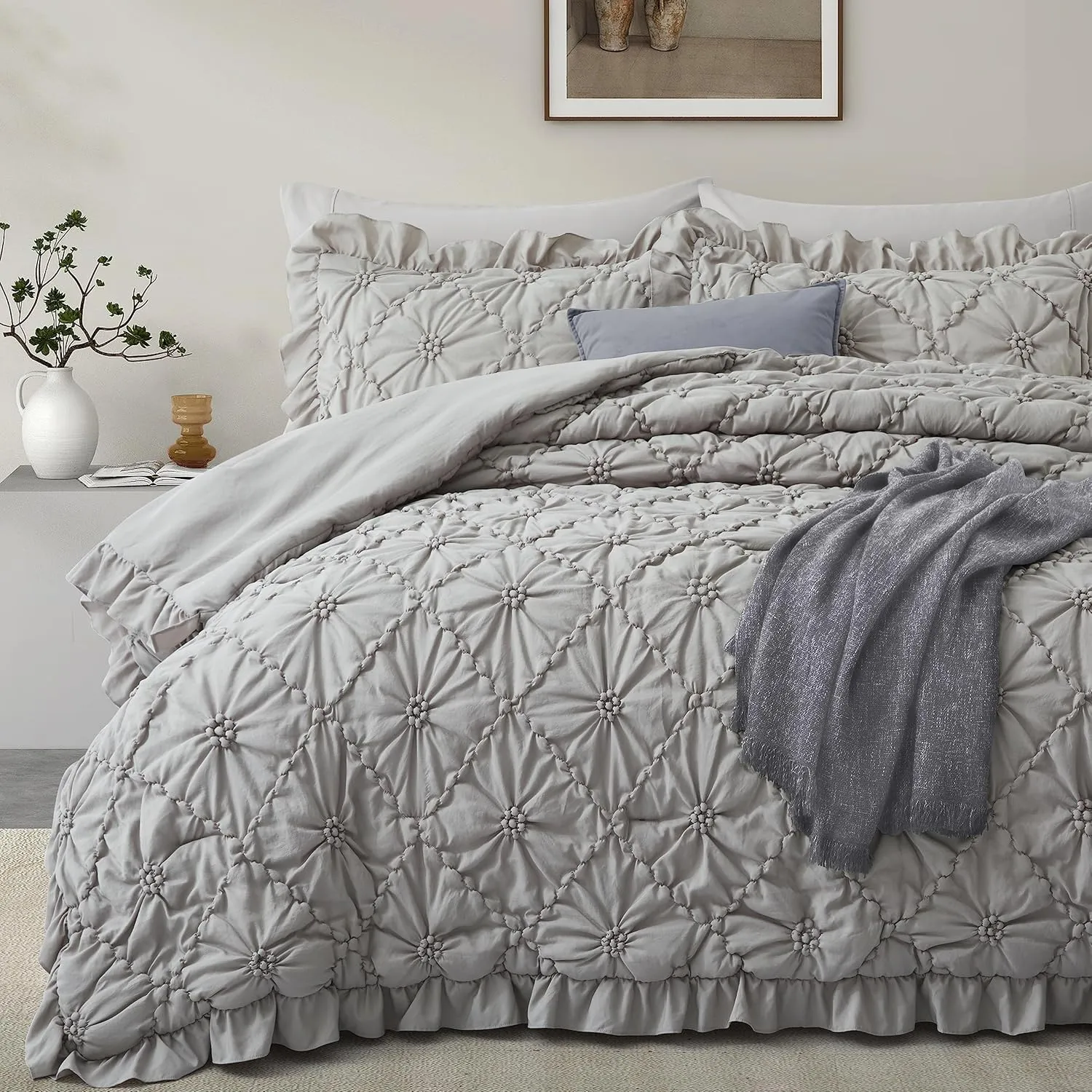 BEDAZZLED Queen Size Comforter Sets,Grey Bedding Comforter Set, 3 Pieces Pinch Pleat Bedding Sets with Comforter and Pillowcases Soft Farmhouse Shabby Chic Comforter for All Season