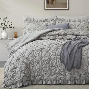 BEDAZZLED Queen Size Comforter Sets,Grey Bedding Comforter Set, 3 Pieces Pinch Pleat Bedding Sets with Comforter and Pillowcases Soft Farmhouse Shabby Chic Comforter for All Season