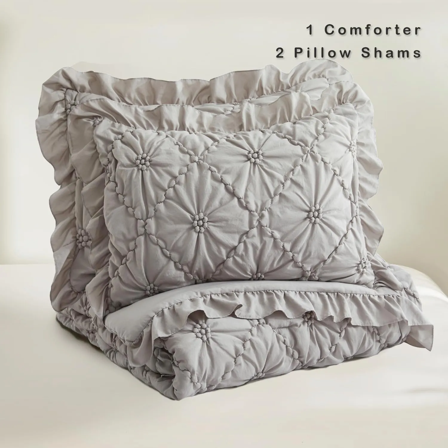 BEDAZZLED Queen Size Comforter Sets,Grey Bedding Comforter Set, 3 Pieces Pinch Pleat Bedding Sets with Comforter and Pillowcases Soft Farmhouse Shabby Chic Comforter for All Season