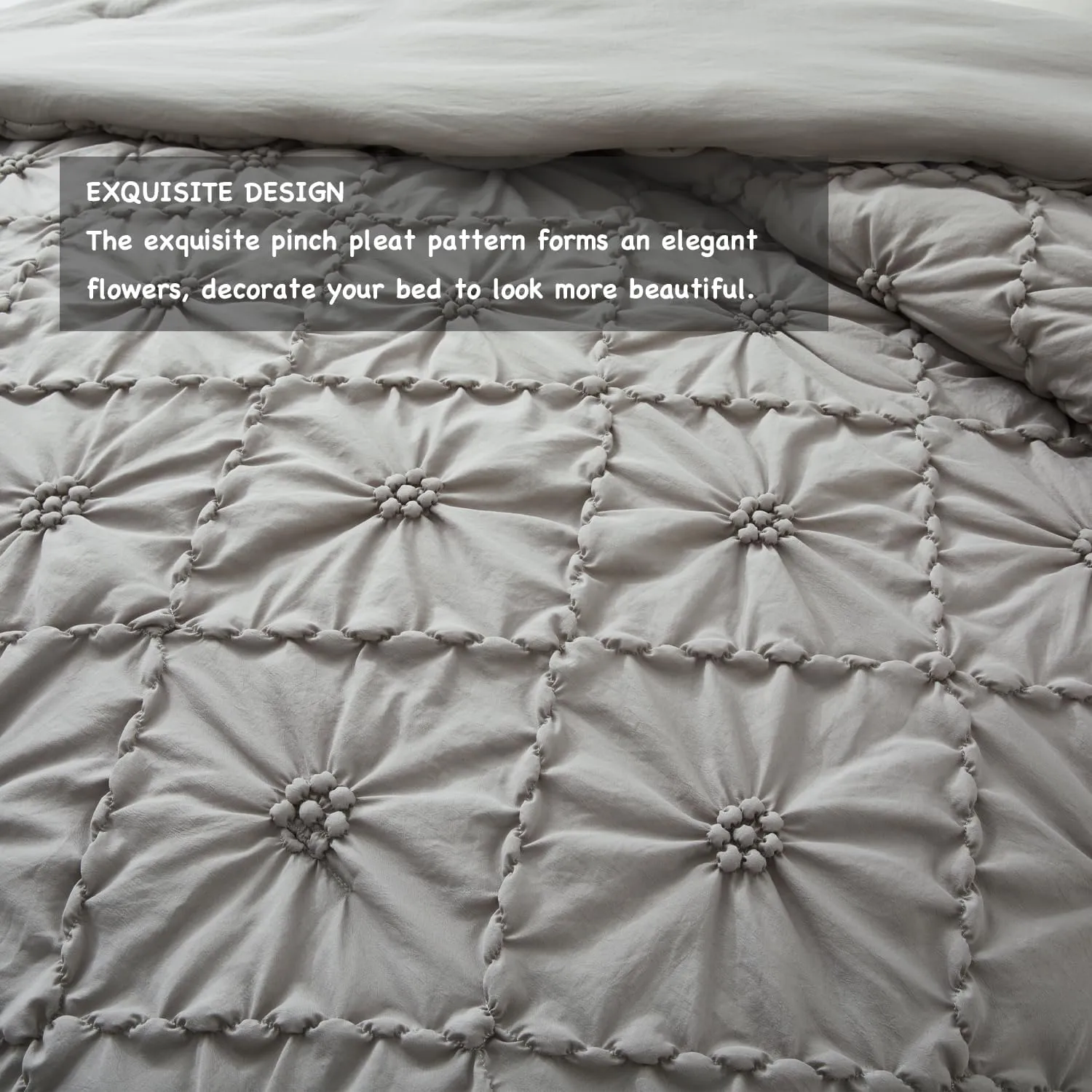BEDAZZLED Queen Size Comforter Sets,Grey Bedding Comforter Set, 3 Pieces Pinch Pleat Bedding Sets with Comforter and Pillowcases Soft Farmhouse Shabby Chic Comforter for All Season