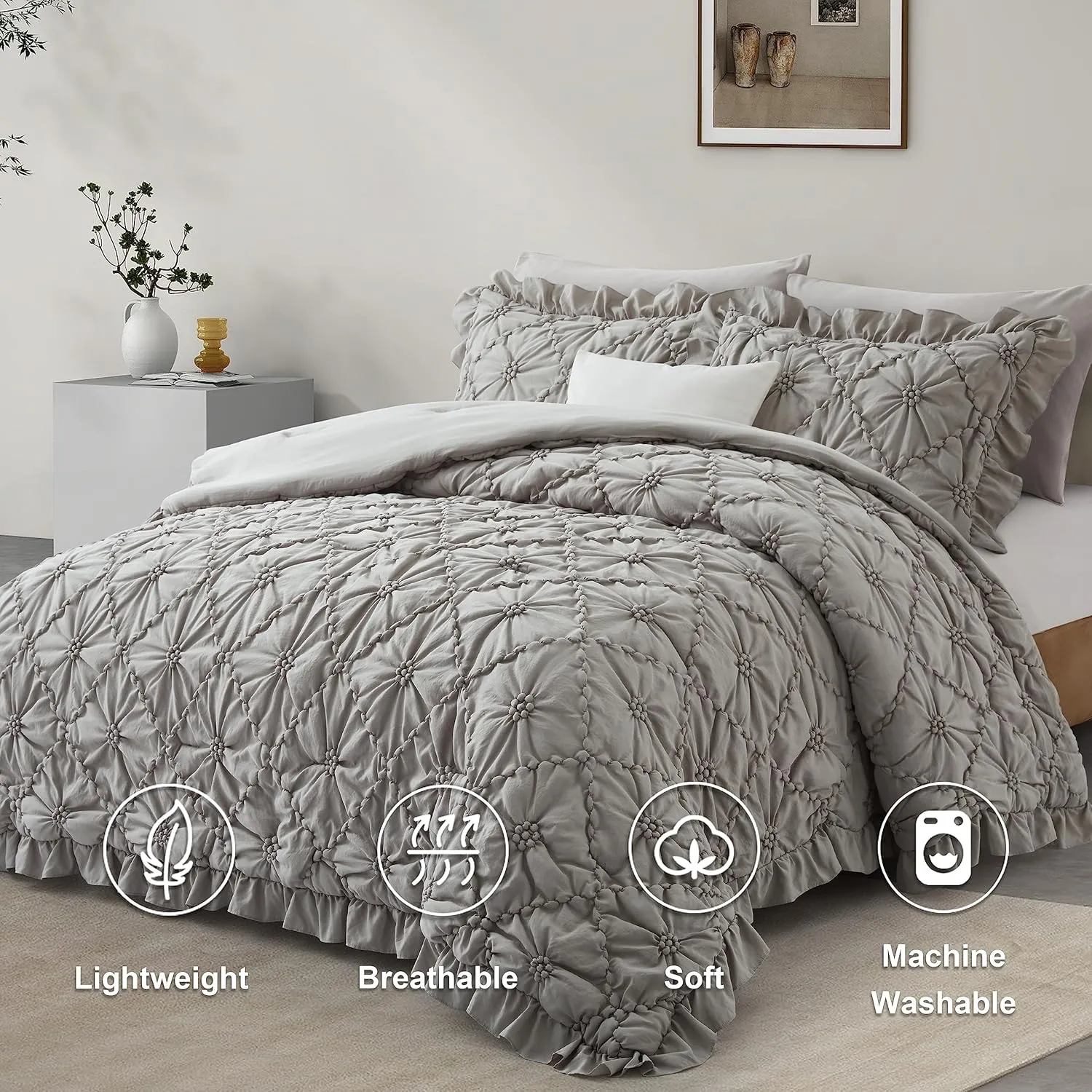 BEDAZZLED Queen Size Comforter Sets,Grey Bedding Comforter Set, 3 Pieces Pinch Pleat Bedding Sets with Comforter and Pillowcases Soft Farmhouse Shabby Chic Comforter for All Season