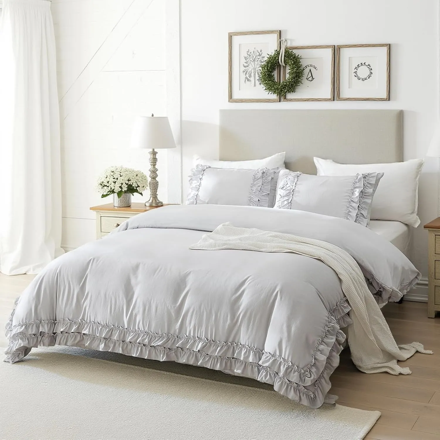 Bedorm Gray Duvet Cover Set Queen Ruffle Bedding Set Pleat Ruffled Shabby Chic Comforter Cover Extra Soft & Easy Care Gray Boho Duvet Cover with Zipper Closure