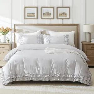 Bedorm Gray Duvet Cover Set Queen Ruffle Bedding Set Pleat Ruffled Shabby Chic Comforter Cover Extra Soft & Easy Care Gray Boho Duvet Cover with Zipper Closure