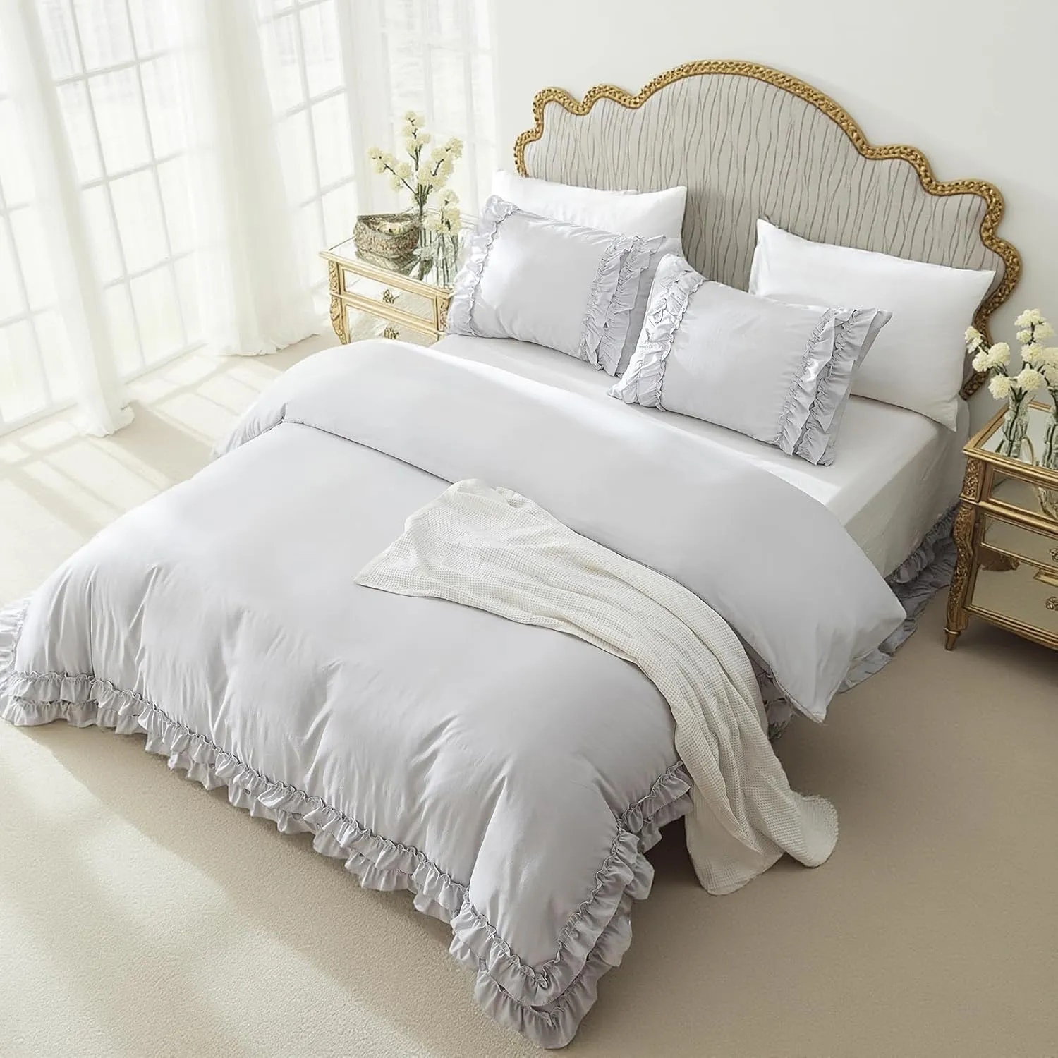 Bedorm Gray Duvet Cover Set Queen Ruffle Bedding Set Pleat Ruffled Shabby Chic Comforter Cover Extra Soft & Easy Care Gray Boho Duvet Cover with Zipper Closure