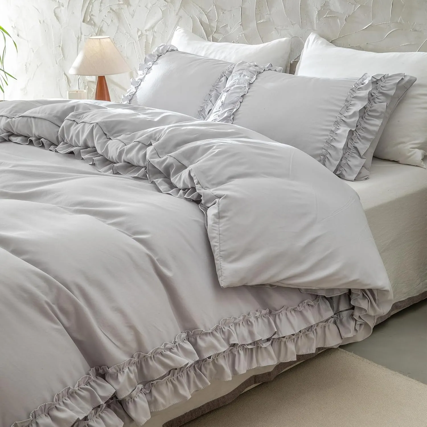 Bedorm Gray Duvet Cover Set Queen Ruffle Bedding Set Pleat Ruffled Shabby Chic Comforter Cover Extra Soft & Easy Care Gray Boho Duvet Cover with Zipper Closure