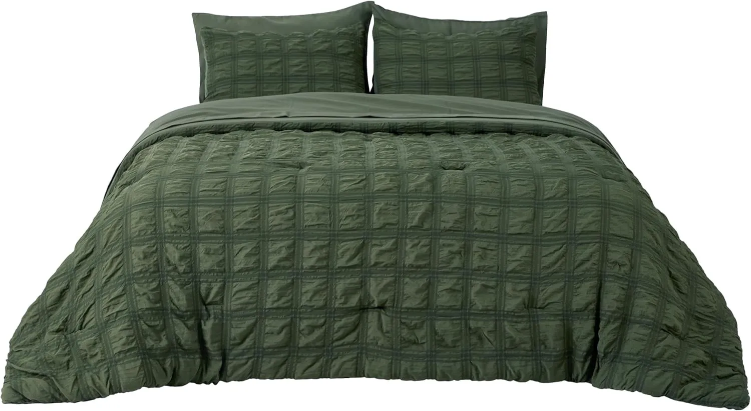 Bedsure Bed in a Bag Queen - 7 Pieces Plaid Seersucker Bedding Comforter Sets, Soft Lightweight Olive Green Boho Bed Set with Comforters Queen Size, Sheets, Pillowcases & Shams