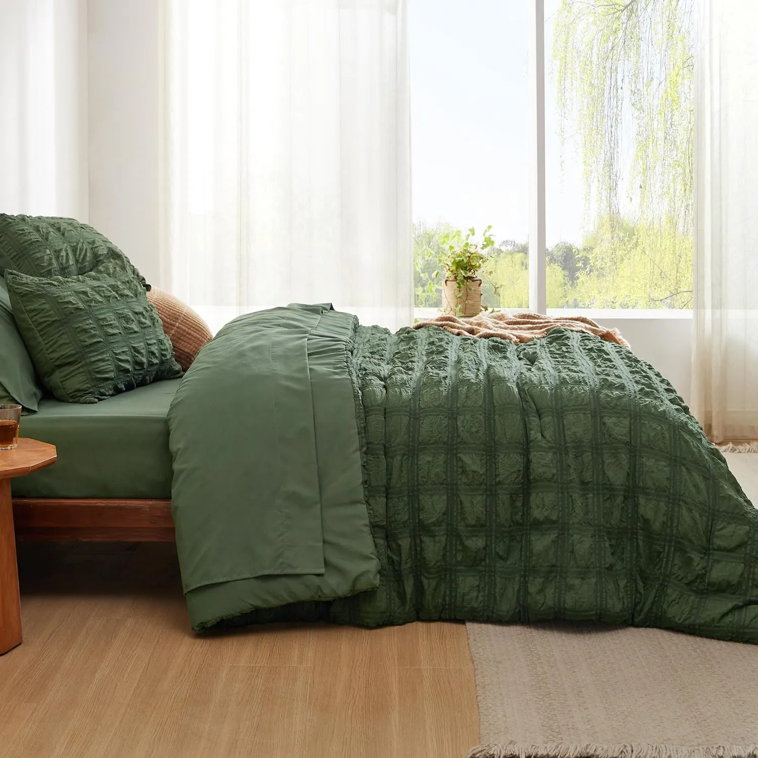 Bedsure Bed in a Bag Queen - 7 Pieces Plaid Seersucker Bedding Comforter Sets, Soft Lightweight Olive Green Boho Bed Set with Comforters Queen Size, Sheets, Pillowcases & Shams
