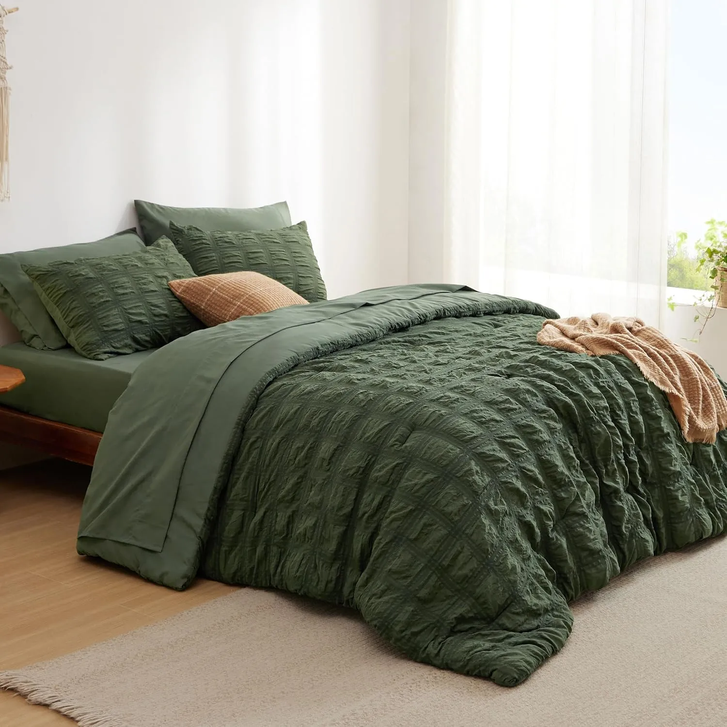 Bedsure Bed in a Bag Queen - 7 Pieces Plaid Seersucker Bedding Comforter Sets, Soft Lightweight Olive Green Boho Bed Set with Comforters Queen Size, Sheets, Pillowcases & Shams