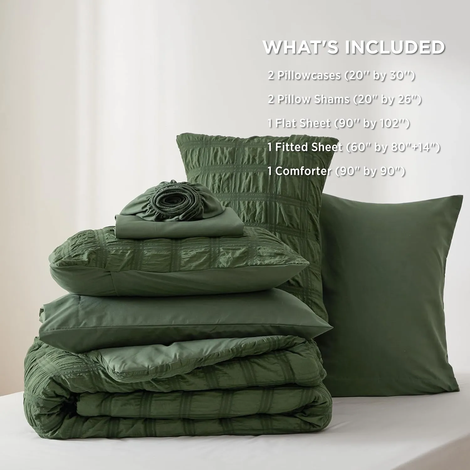 Bedsure Bed in a Bag Queen - 7 Pieces Plaid Seersucker Bedding Comforter Sets, Soft Lightweight Olive Green Boho Bed Set with Comforters Queen Size, Sheets, Pillowcases & Shams
