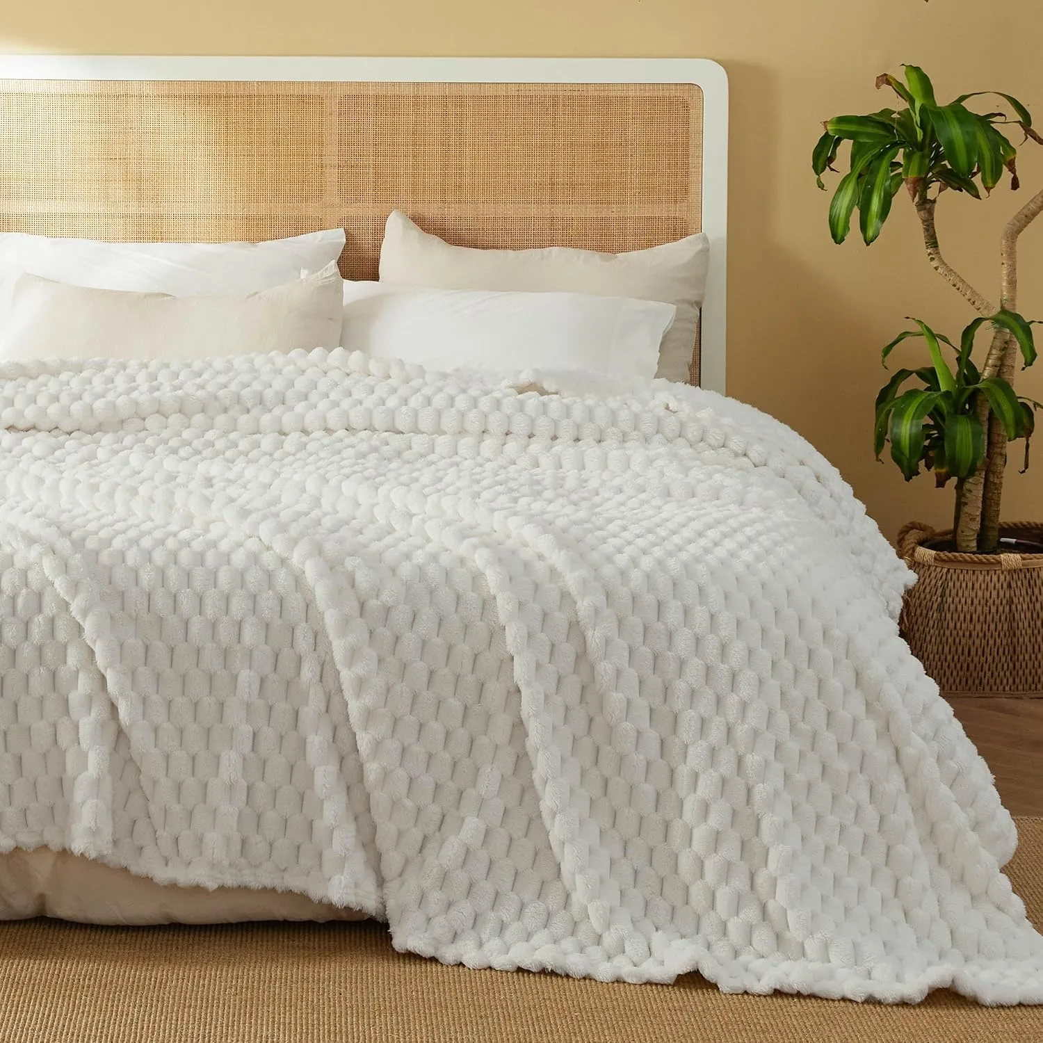 Bedsure Queen Blanket for Bed - Super Soft, Cozy Blankets for Women, Cute Fleece Gifts for Girls, Off White, 90x90 Inches