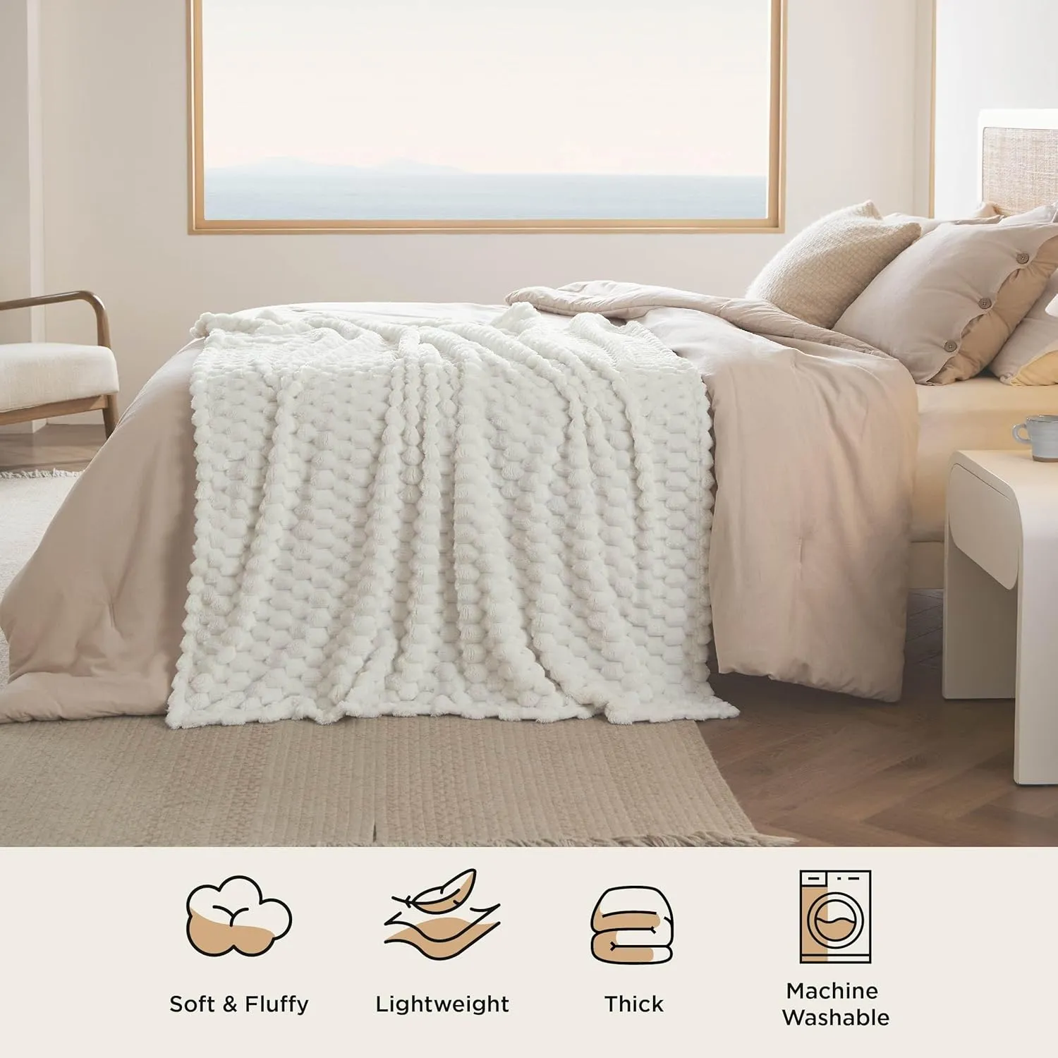 Bedsure Queen Blanket for Bed - Super Soft, Cozy Blankets for Women, Cute Fleece Gifts for Girls, Off White, 90x90 Inches