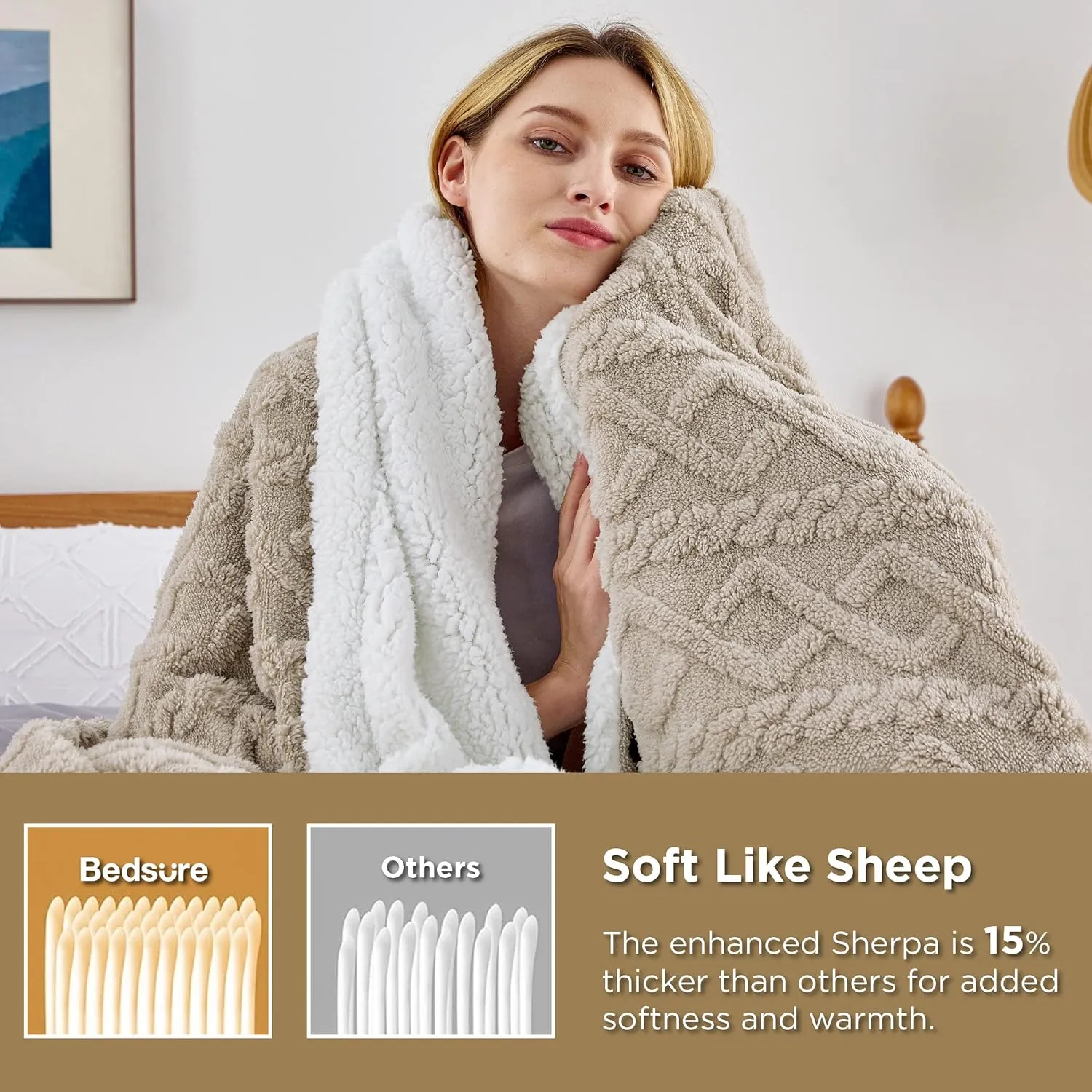 Bedsure Sherpa Fleece Throw Blanket for Couch - Fuzzy Soft Cozy Cable Throw for Women, Thick Warm Blanket for Winter, Beige, 50x60 Inches