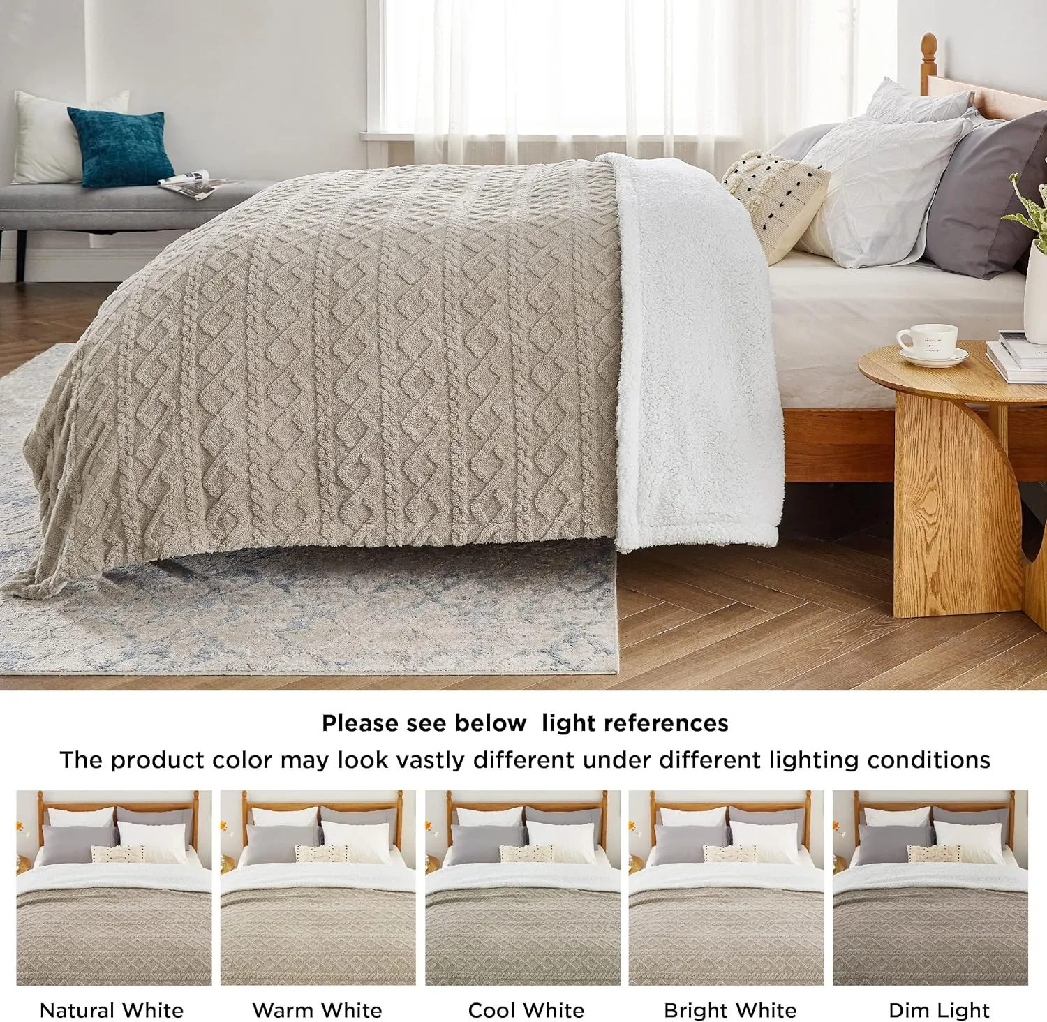 Bedsure Sherpa Fleece Throw Blanket for Couch - Fuzzy Soft Cozy Cable Throw for Women, Thick Warm Blanket for Winter, Beige, 50x60 Inches