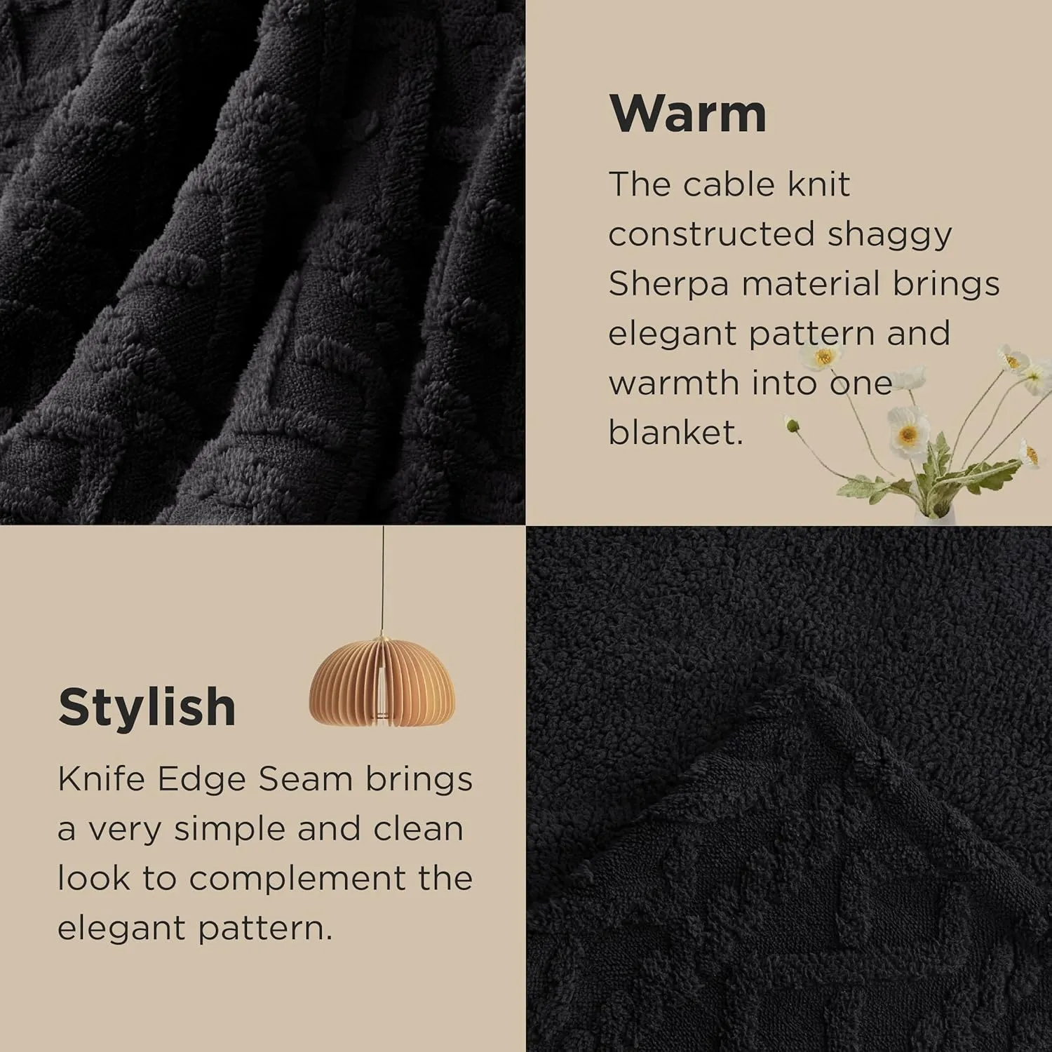 Bedsure Sherpa Queen Size Blanket for Bed - Fleece Soft Cozy Fuzzy Cable Blankets for Women, Thick Warm for Winter and All Seasons, Black, 90x90 Inches